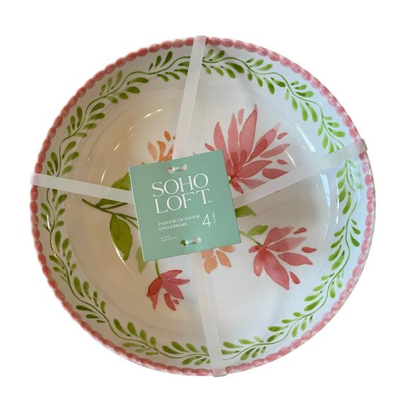 Soho Loft Floral Melamine Bowls 9in Round Pink & Green Set of 4 New - Picture 2 of 15